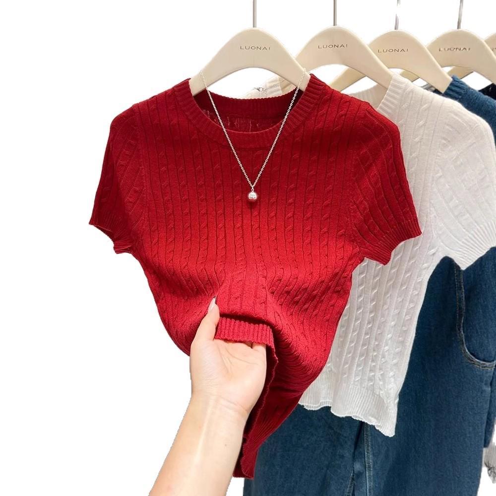 Women's Dark Blue Slim Fit Knit T-Shirt - Short Sleeve, Lightweight Summer Top.