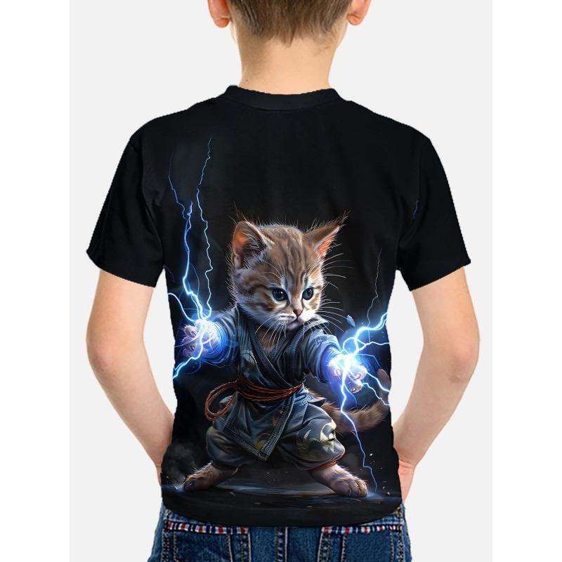 Kungfu Cat Lighting T-Shirt For Boys Kids Clothes Children's Boy's Clothing Short Sleeve Tops Top Shirts 2024 T-shirts Child Tee