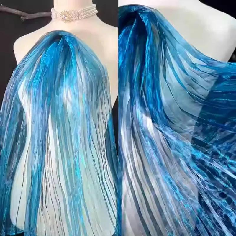 Широкая 150 см Эластичная Градиентная Ткань Русалка Пряжа Ji Eugen Двухцветная Плиссированная Водный Свет Отражающая Пряжа Платье Платье Дизайнер 100x150cm