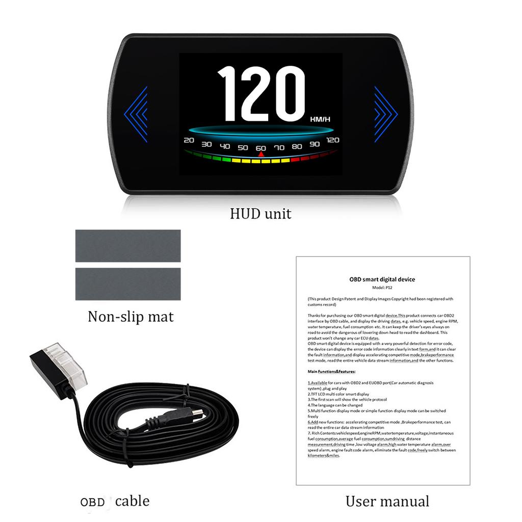 P12 OBD2 Head Up Display Smart Digital Meter Car Speedometer Tacho RPM Turbo Boost Pressure Water Temp Oil Temp EXT Volt Meter