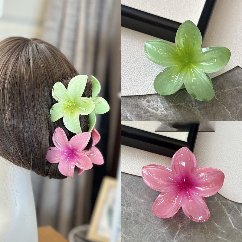 

Plumeria Rubra Grip ~ Summer Beach Trip Photo Flower Clip Ins Shark Clip Fashion Sexy Half Tie Barrettes Light Green + Dark Pink