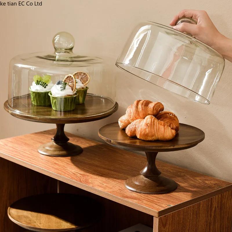 Nordisk Akacia tårtställ Blyfritt glas dammskydd Stort tårta bröd dessert displayställ Hushållsfruktfat Träplatta