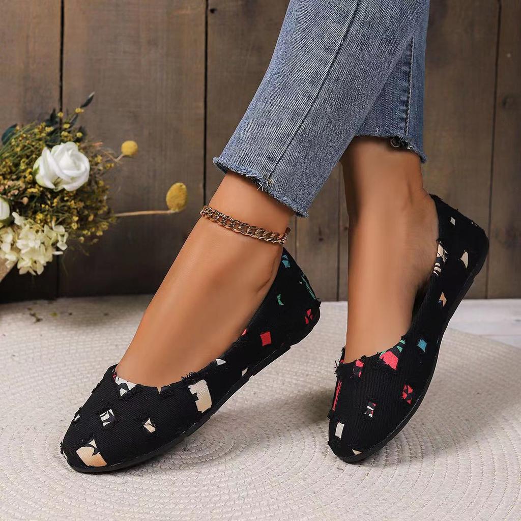 Kadın Loafer Ayakkabı 2024 Yeni Karışık Renkler Yama İşi Denim Nefes Alabilen Ayakkabılar Babet Mokasen Günlük Yuvarlak Burunlu Slip On Sığ Ayakkabılar