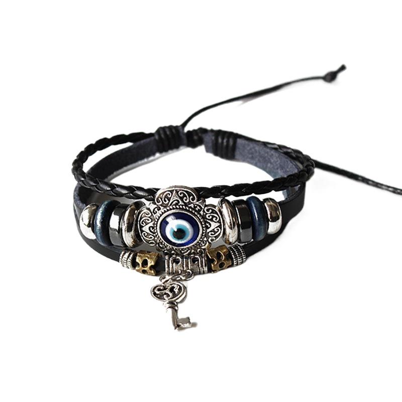 #1Pc Multilayer Vintage Demon Eye Lucky Bangle Punk Jewelry Turkish Blue Evil Eye Flower Leather Rope Bracelets For Women Men