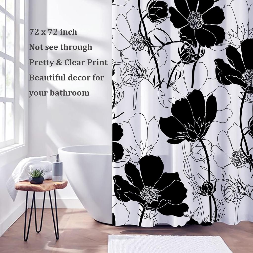 Black and white shower curtain floral beautiful bathroom floral waterproof fabric shower curtain with hook 180x180cm