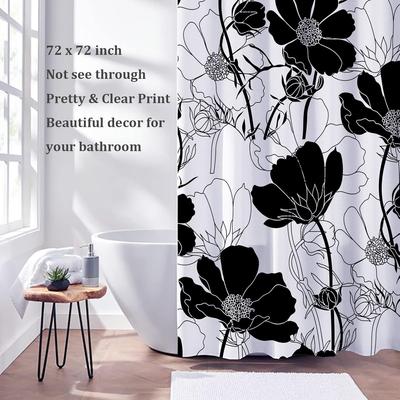Black and White Shower Curtain Floral Beautiful Bathroom Floral Waterproof Fabric Shower Curtain with Hook 180x180cm