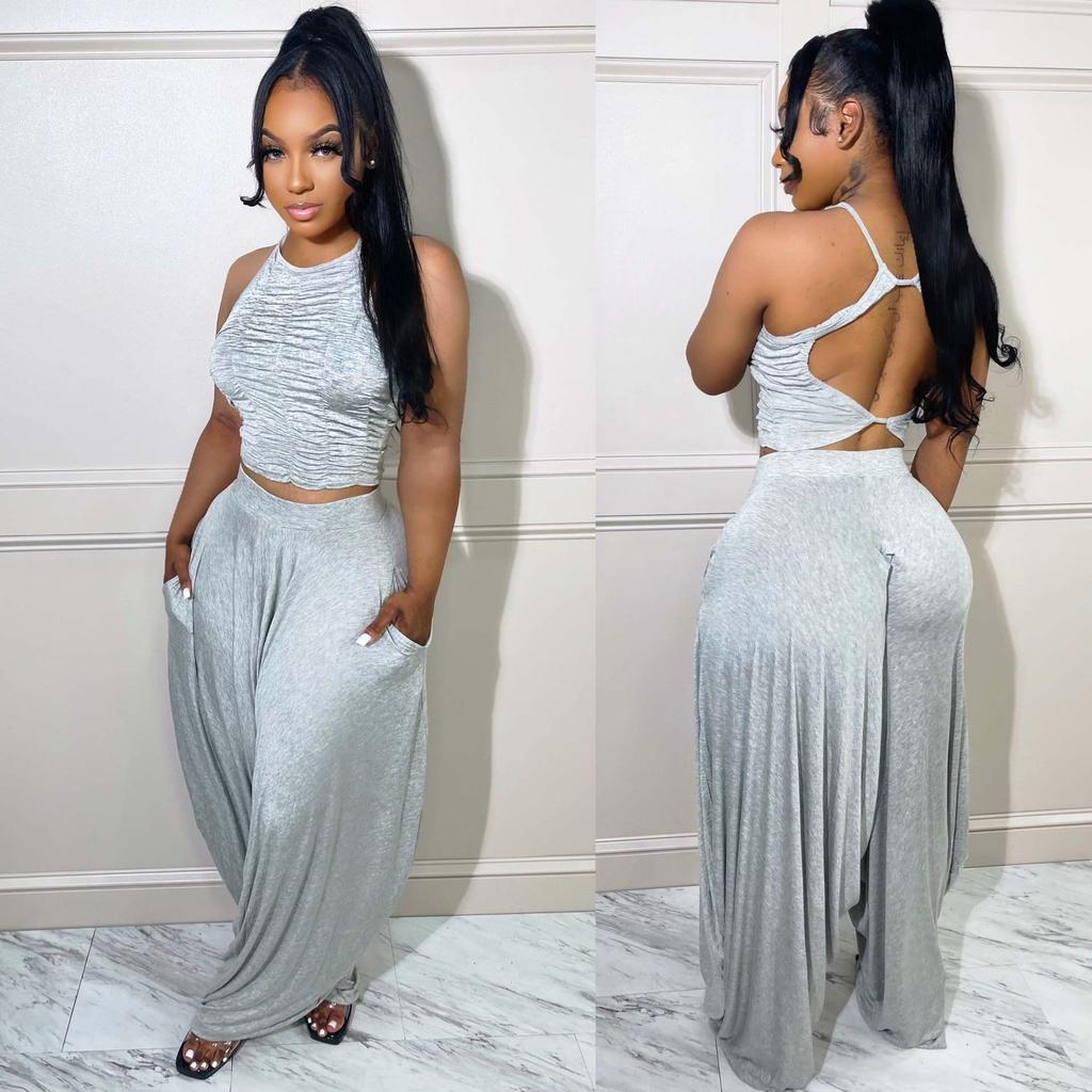 Pleated Sleeveless Wide-Leg Pants Two-Piece Set - European & American Style Women's Summer Outfit