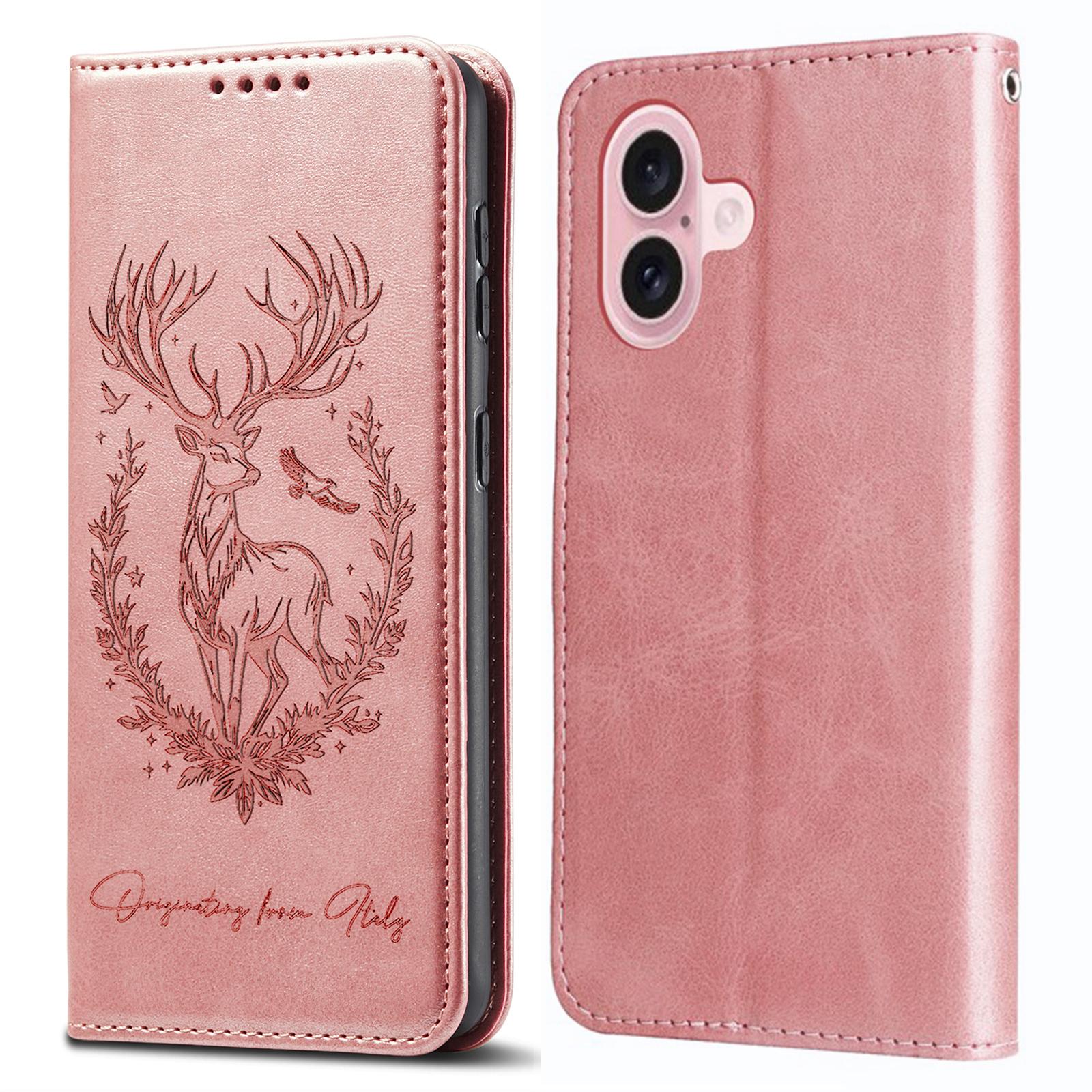 

For iPhone 16 Plus Stand Case Lucky Deer Imprinted Magnetic Closure Leather Wallet Phone Cover Pink