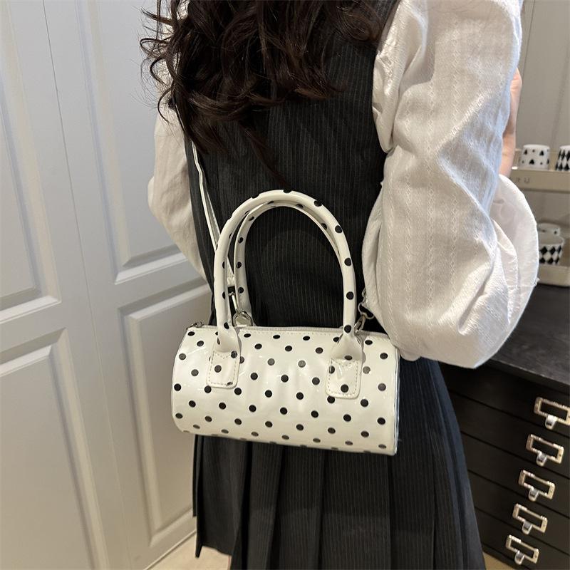 Korean Style Polka Dot Purse Mini Barrel Crossbody Bag for Women Top Handle Handbag for Daily Outings