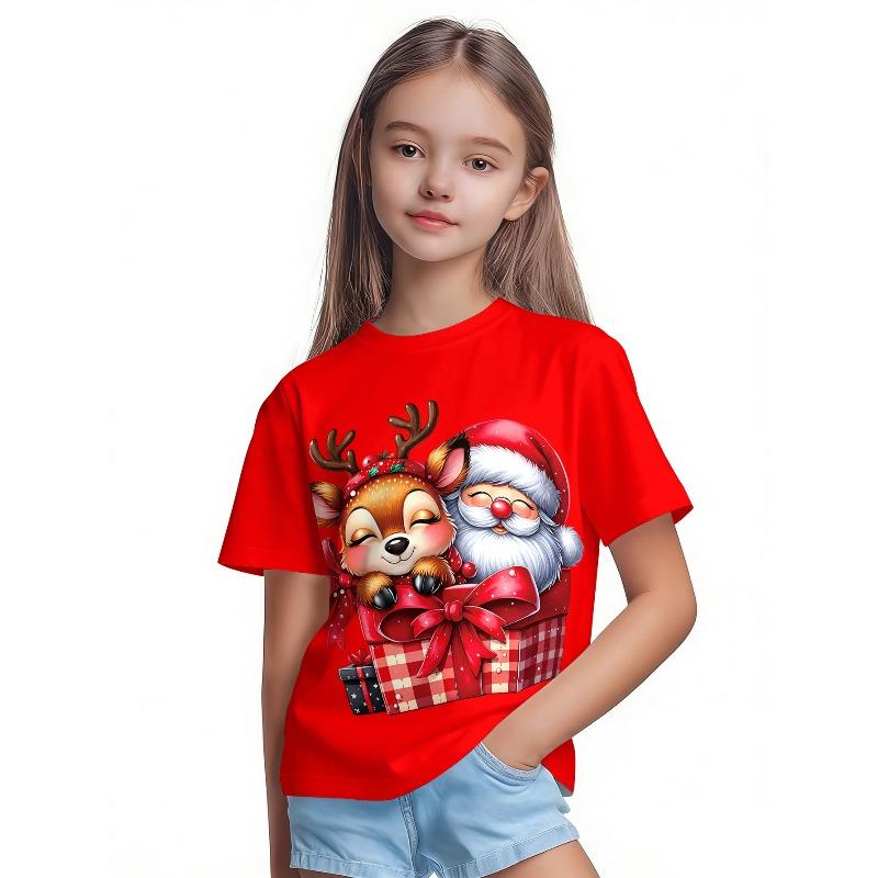 T-Shirt Girls 3D Printed Christmas Featuring Santa Claus Short Sleeve O Neck Casual Christmas Clothes Girls Top