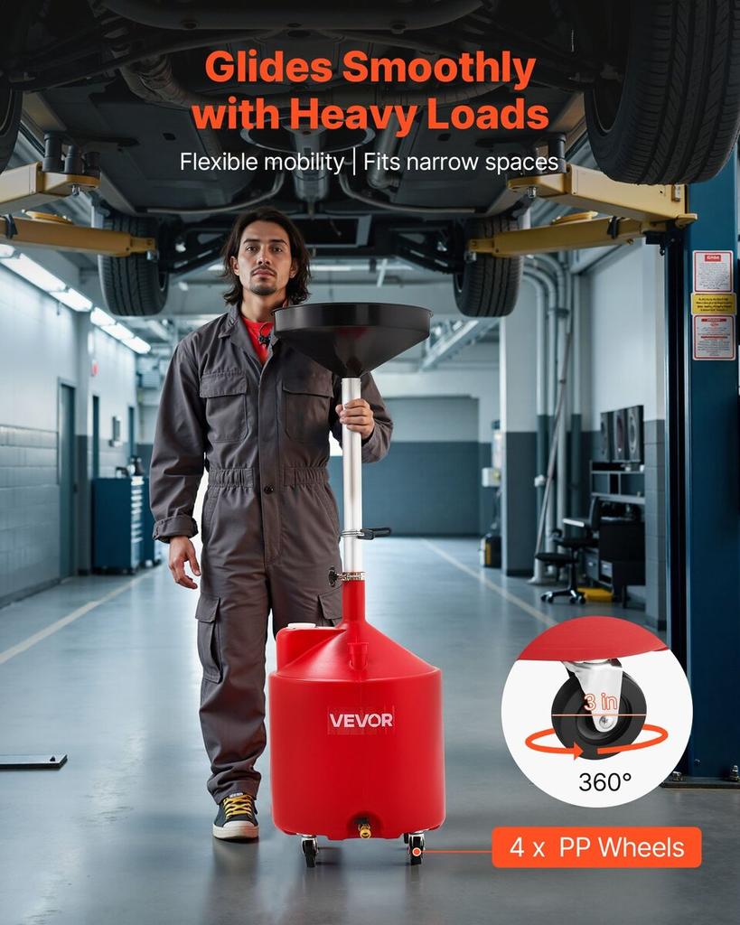 68L Waste Oil Drain Tank, Industrial Fluid Drain Tank with Adjustable Funnel Height, Portable Oil Drainer with Wheels, Fluid Fuel Transfer Drainage