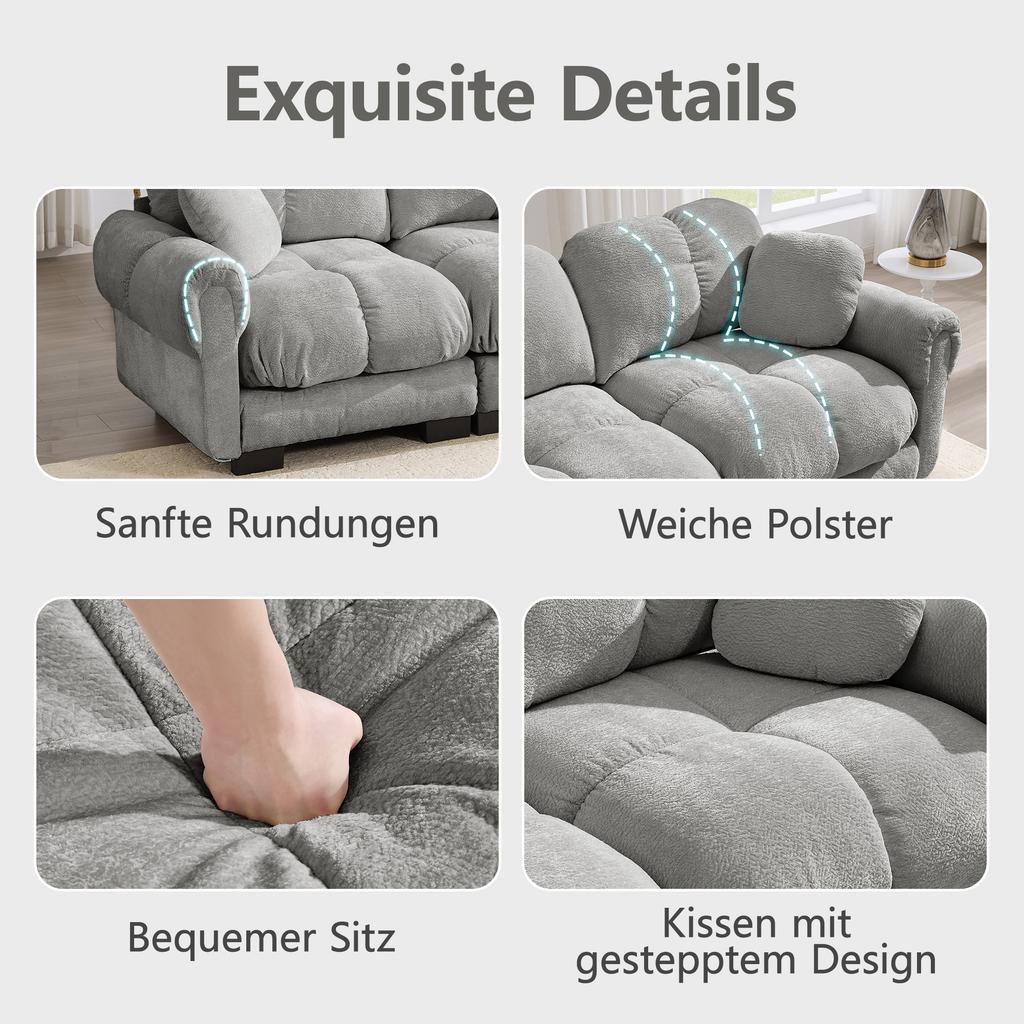 2-Sitzer Chenille-Sofa, L-förmige modulare Ecke, gestepptes Design, dicke Sitzkissen, mit mobilem Hocker, einfach zu montieren, Hellgrau