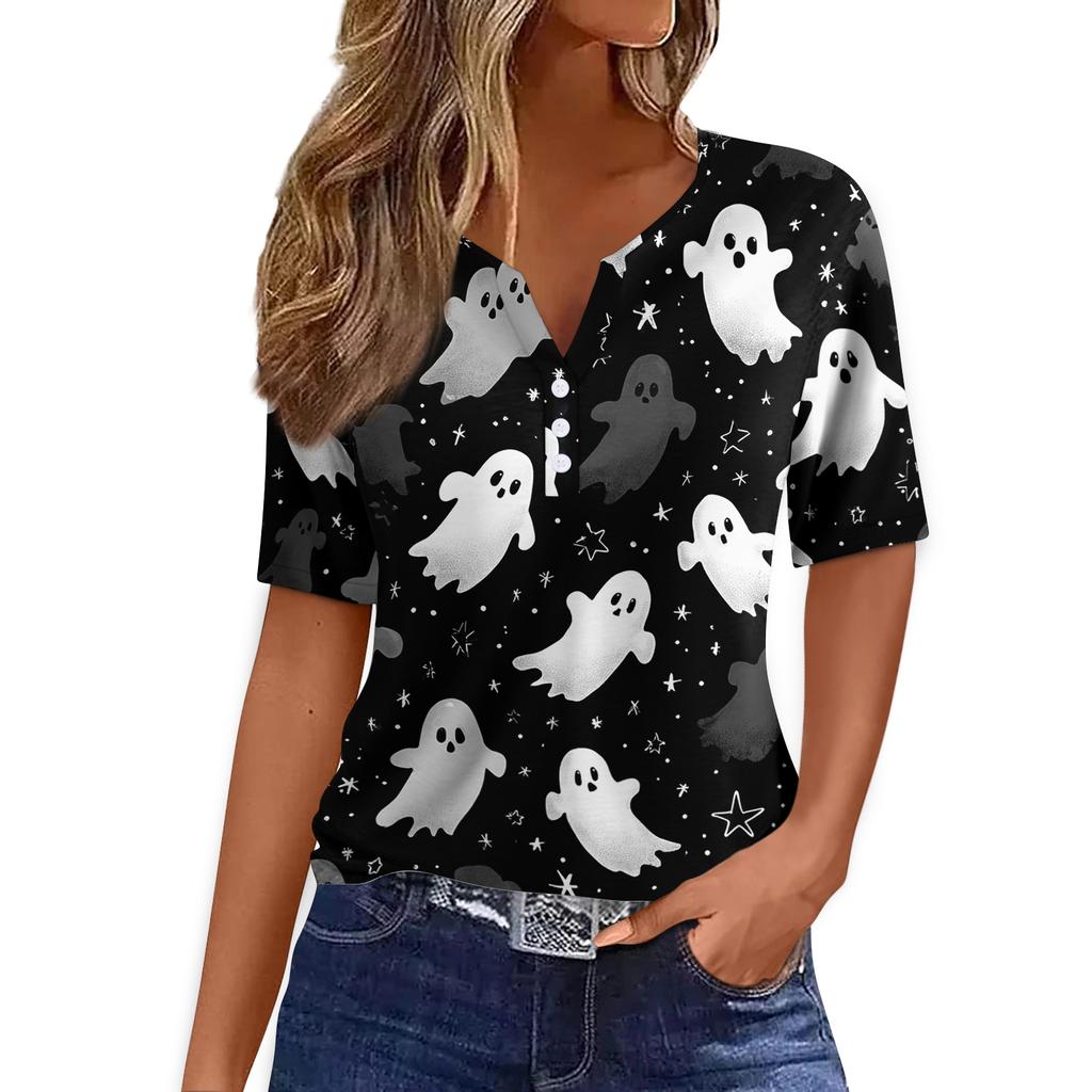 Women's Casual Halloween Print V Neck Short Sleeve Button Front Top Lightweight Comfortable Fit