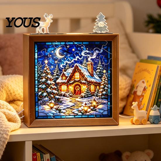 Innen-Haus-Dekoration DIY Weihnachten Acryl-Puzzle Nachtlicht, Holzrahmen Handmontiertes Puzzle Schreibtischlicht Lampe, Kreatives LED für Schlafzimmer
