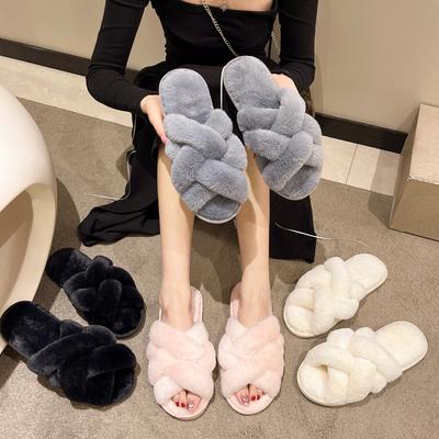 Pantufas de pelúcia femininas para uso externo outono e inverno, fundo macio cruzado, uma palavra, pantufas fofas, casa, pantufas femininas, tamanho grande