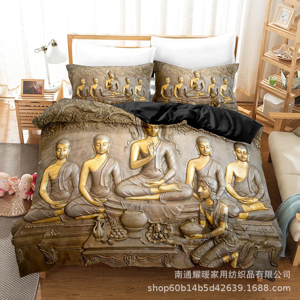 3D Digital Printing Bedding Four-Piece Set Three-Piece Set Buddha Statue Bed Sheet Quilt Pillow