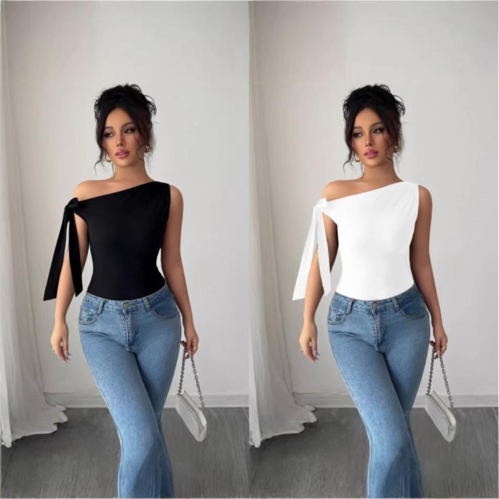 Women's Off Shoulder Sleeveless Top Slim Fit Bow Tie Knit Tee Elegant Solid Casual Blouse