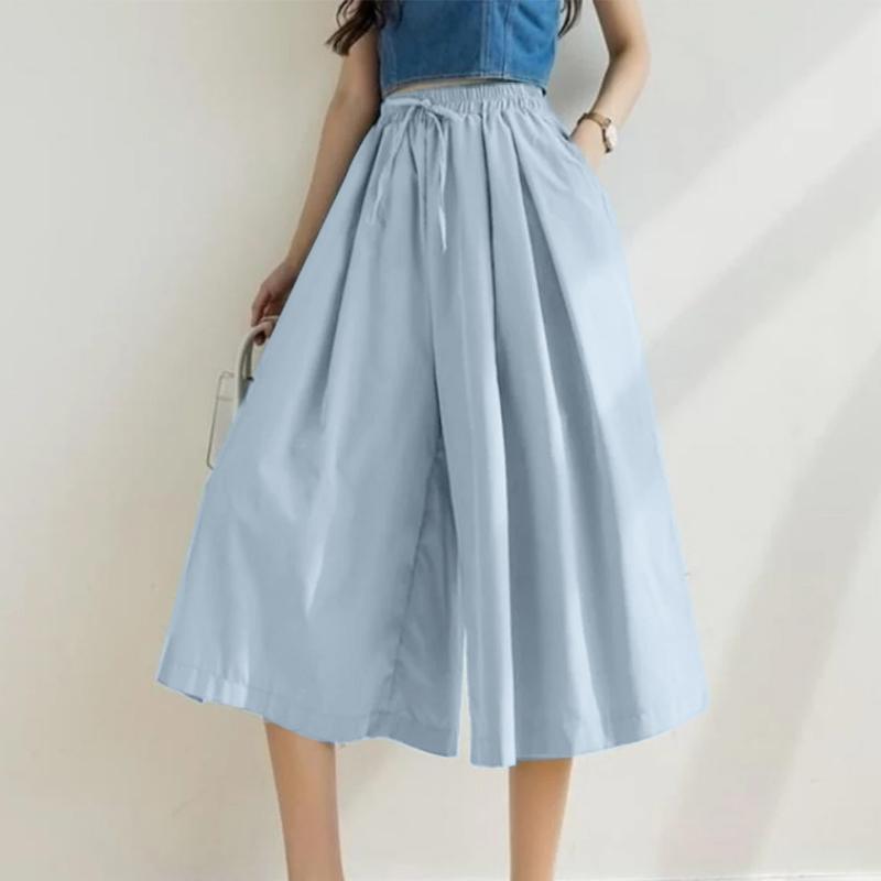

ZANZEA Women Drawstring Elastic Waist Solid Color Casual Loose Wide Leg Pants 3XL синий