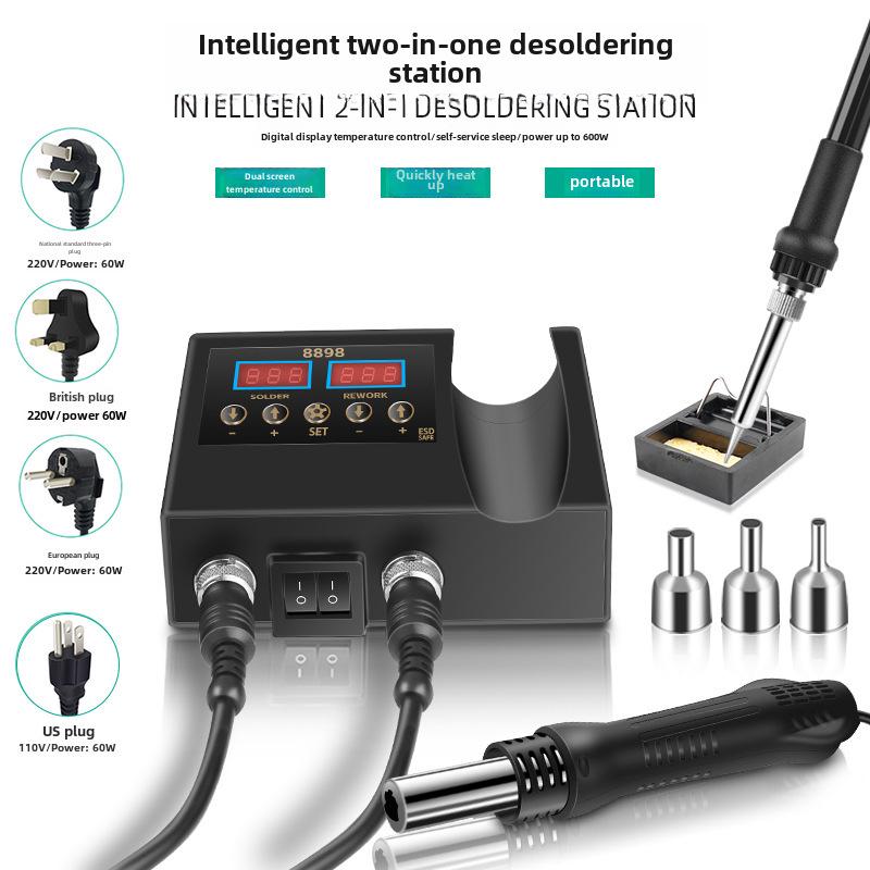 8898 Dual Digital Display Hot Air Gun & Electric Soldering Station, 110V/220V, 2-in-1 SMT Desoldering Tool.