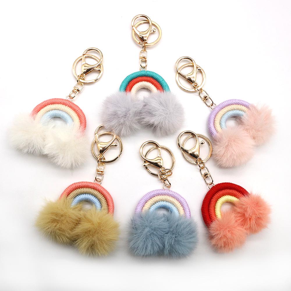 Korean Style Rainbow Fluffy Ball Keychain - Handmade Woven Bag Pendant