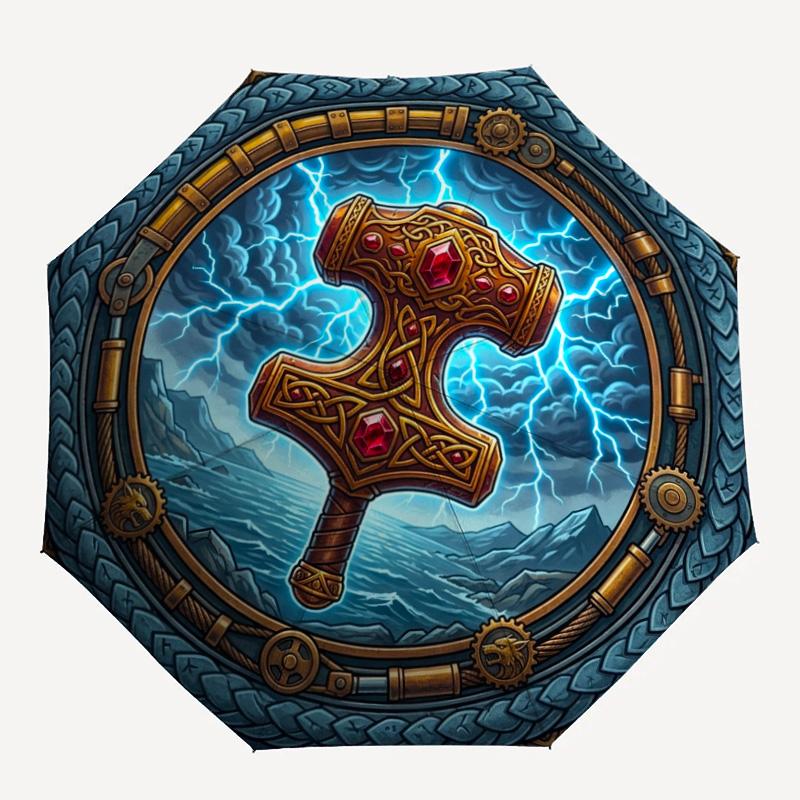 Thors Hammer Storm pattern umbrella, portable and foldable design, 8 ribs, a casual accessory for Halloween, Christmas, and birthday gifts.