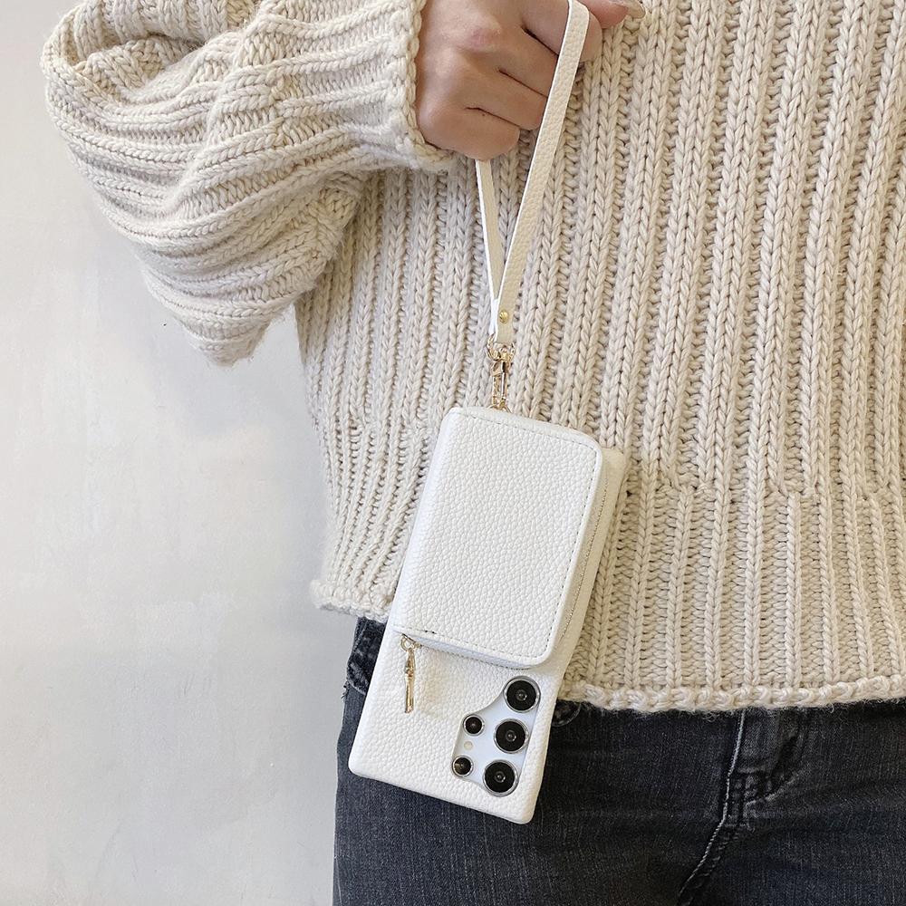 For Samsung Galaxy S23 Ultra Case Zipper Card Slots PU Leather Phone Back Cover with Wrist Strap