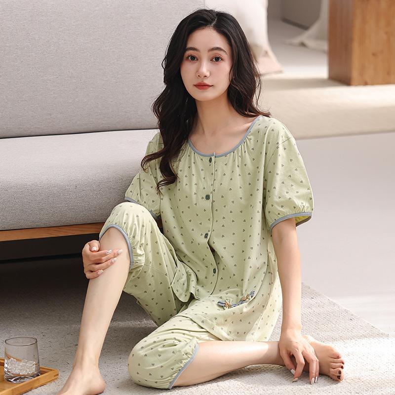 Pajamas Women's Summer Pure Cotton Short-sleeved Seven-quarter-sleeved Middle-aged Mother Floral Nine-point Pants Summer Cotton Loungewear Set