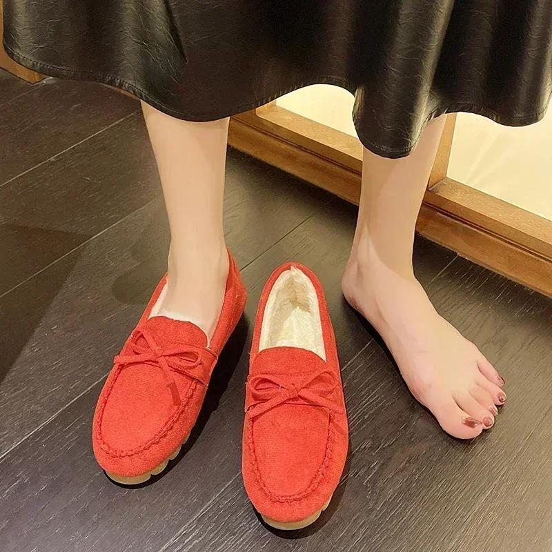 Fashion Bow Winter Women's Moccasins Flats Non-slip Flat Shoes Female Warm Loafers Slip-on Comfort Cotton Shoes Zapatos De Mujer