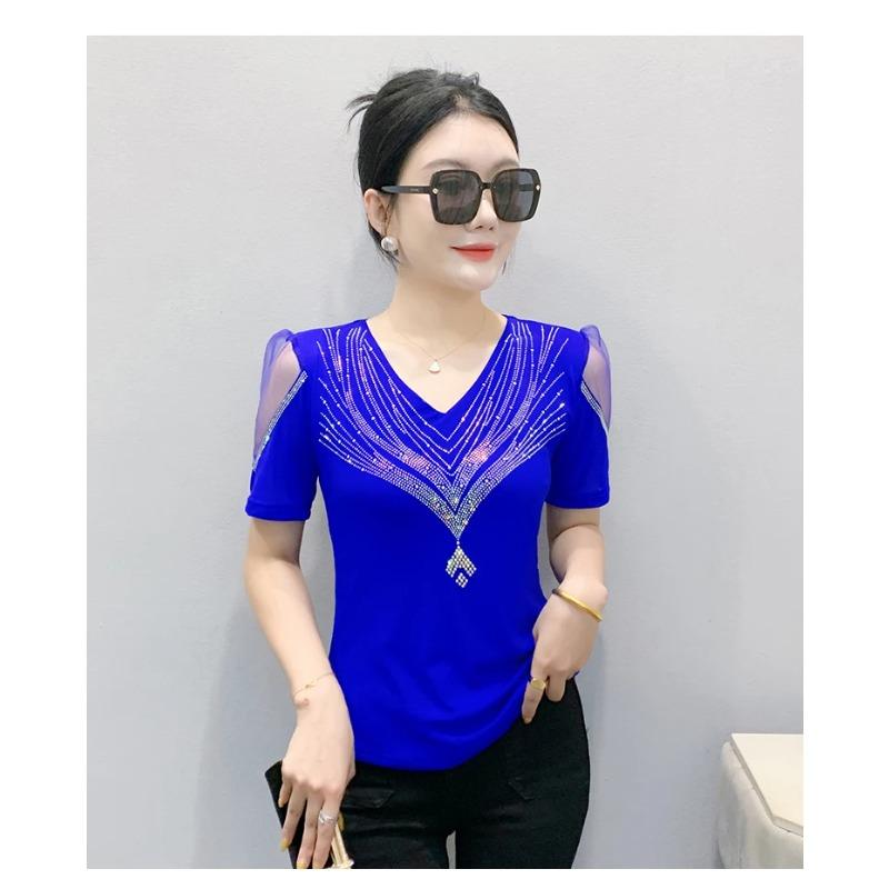 Summer V Neck Mesh Korean Fashion Patchwork Diamond Shirt Short Sleeve Women T Shirt