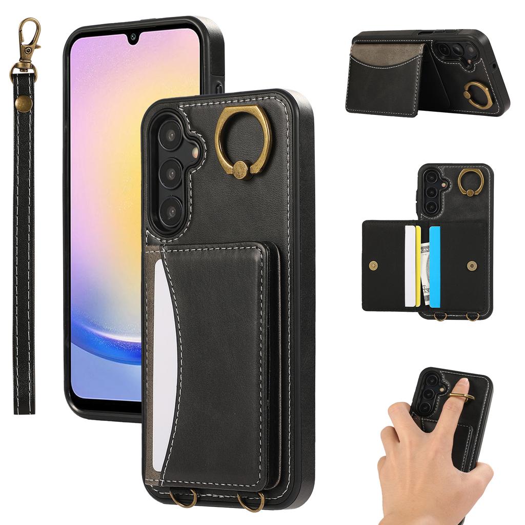 For Samsung Galaxy A24 4G (162.1x77.6x8.3mm) PU Leather Back Case Card Holder Kickstand Phone Cover with Wrist Strap