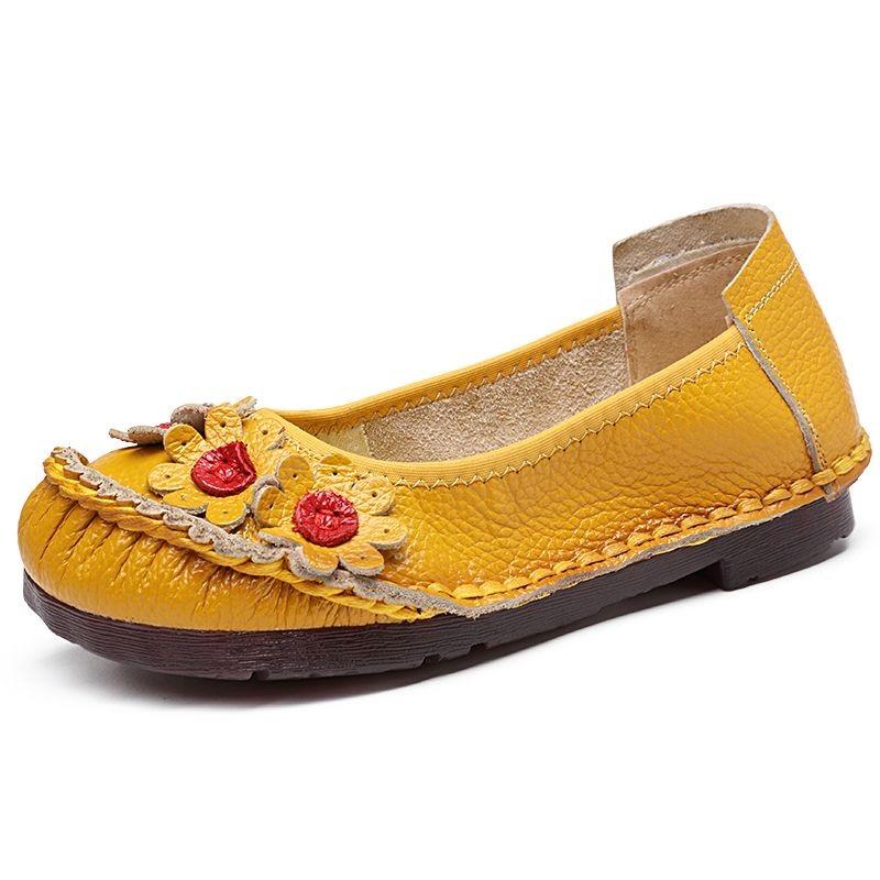 Fashion New Spring Summer Genuine Leather Shoes Women Flats Flowers Soft Flat Cow Leather Shoes Blue Black White Yellow Red D419