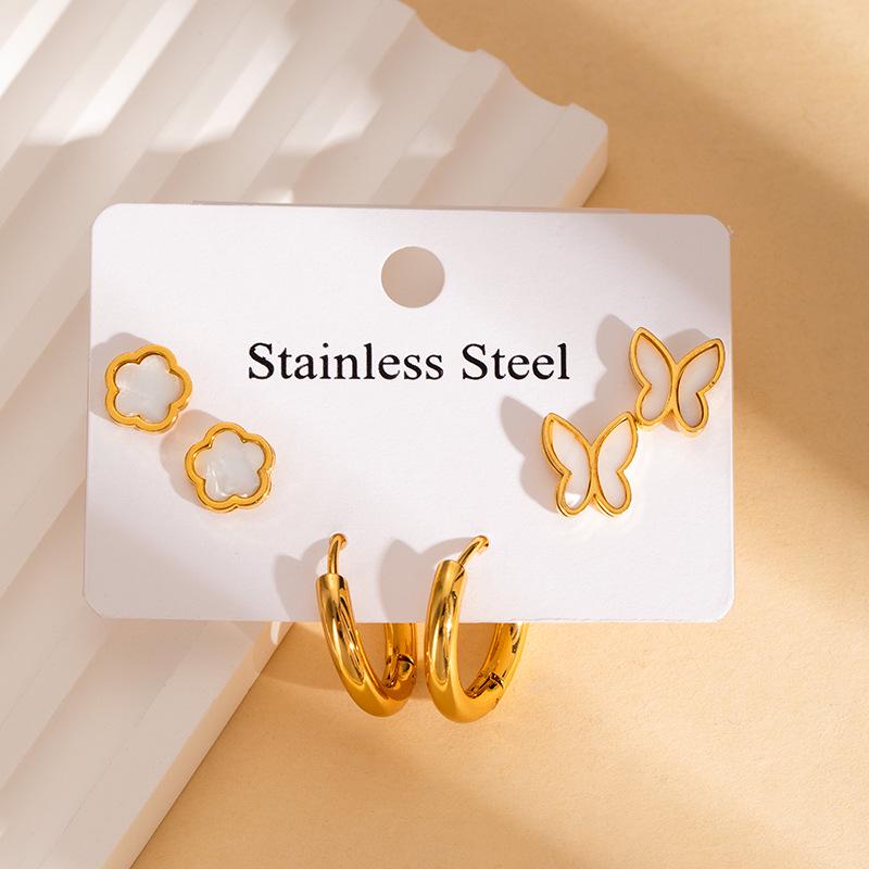 Elegant Stainless Steel Butterfly & Four-Leaf Clover Earrings: Colorfast, Versatile Design for Women.