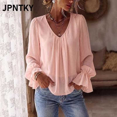 JPNTKY Kadın Moda Günlük V Yaka Uzun Kollu Bluz & Gömlekler