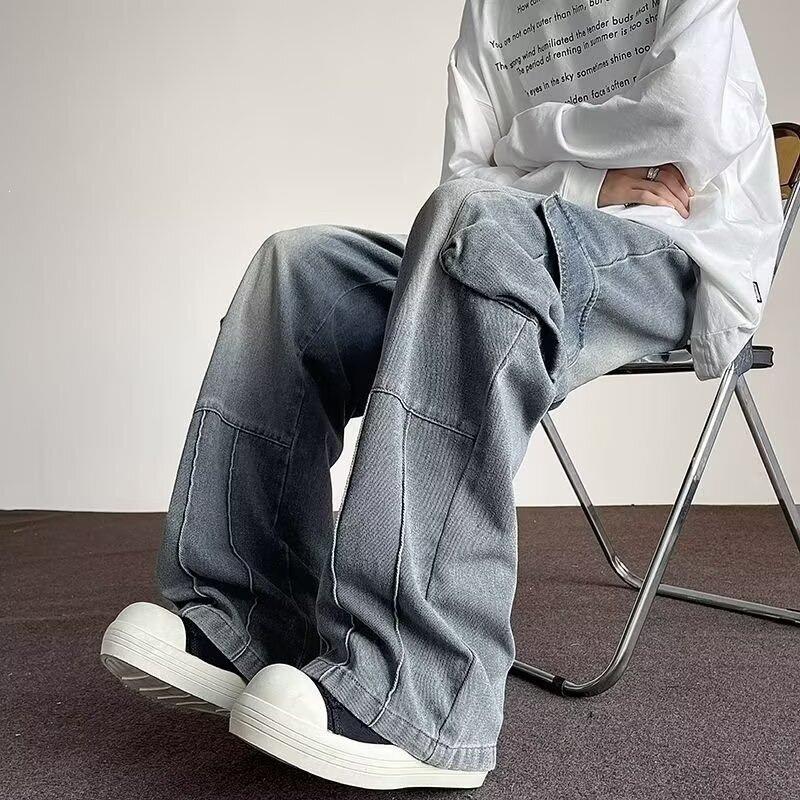 American High Street Pocket Tooling Jeans Men's Straight Casual Loose Wide-leg Pants Trendy Brand Washed Retro Trousers