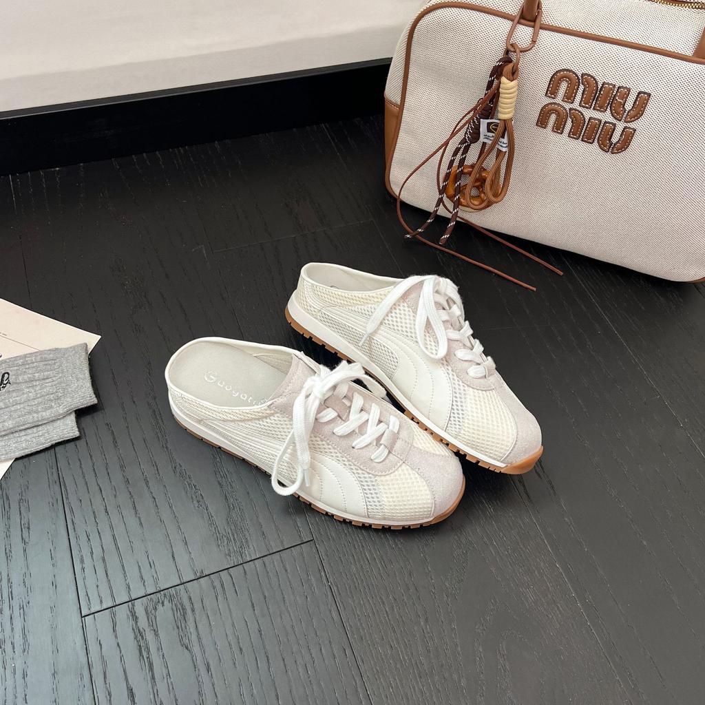 Retro inner height-increasing mesh bag head half slippers women's one-pedal lace-up board shoes