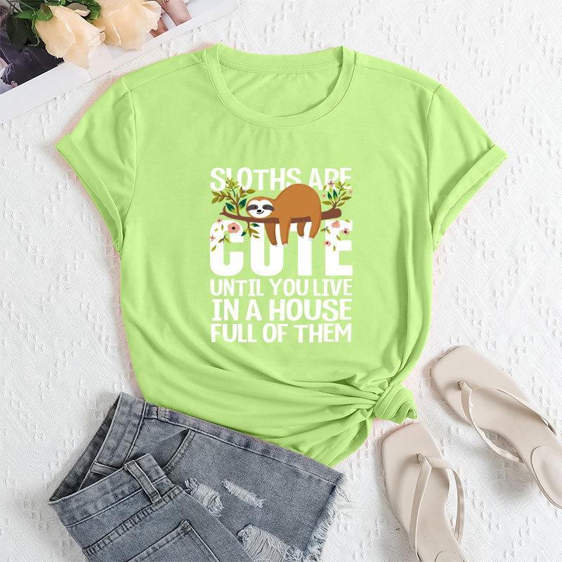 Summer Women's Fashionable Letter Sloth Short Sleeved Casual Loose Cotton Round Neck Top
