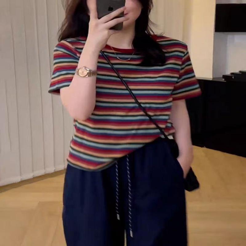 

Stylish 2026 Summer Striped Outfit: Short-Sleeve Top & High-Waist Nine-Point Pants M