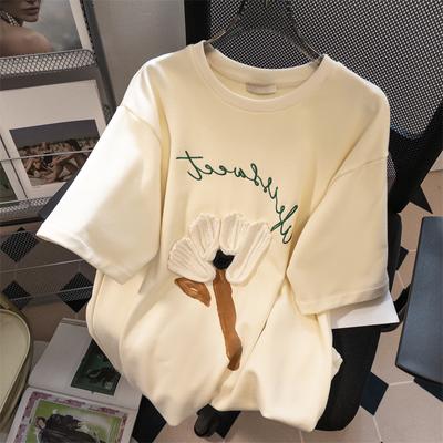 3D Small Flower Women's T-shirt Korean Cute Embroidery Design Ladies Short Sleeved Tee Summer Unique Shoulder Tee
