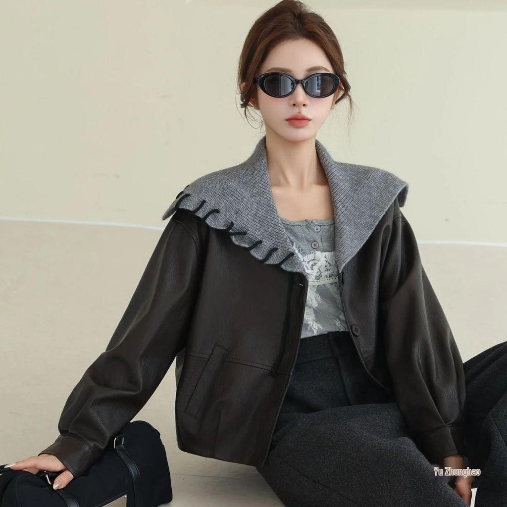 Women's Navy Collar Leather Jacket: Petite, Slimming, Short Coat in Black Spandex