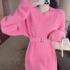 2025 Medium and Long Sweater Women's Autumn and Winter Design Sense Lazy Wind Loose Lace-up Waist Soft Waxy Knitted Sweater Short Skirt