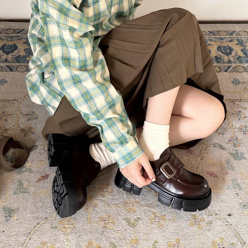 Autumn and winter new retro platform leather small leather shoes genuine leather Japanese college style increased versatile loafers single shoes women