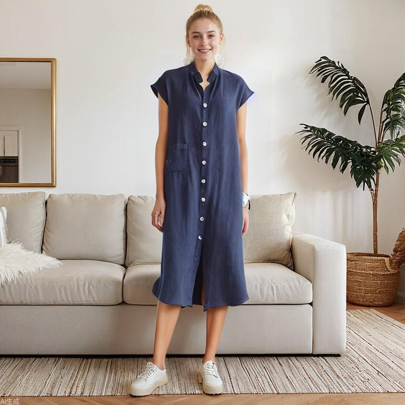 Cardigan Collar Shirt Dress-Single Breasted Linen Blend Pocket Dress for Women,Plus Size Open Front Tunic with Stand Neck, Casual Chic Layering Piece