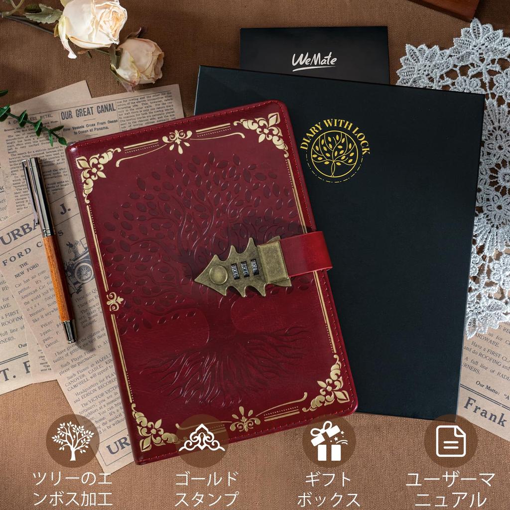 WEMATE Lockable Exchange Lockable 260 Floral Pen Celebration Birthday Gift Diary, Diary, Notebook, A5, Pages, Pattern, Included, Red, Gift, Gift,