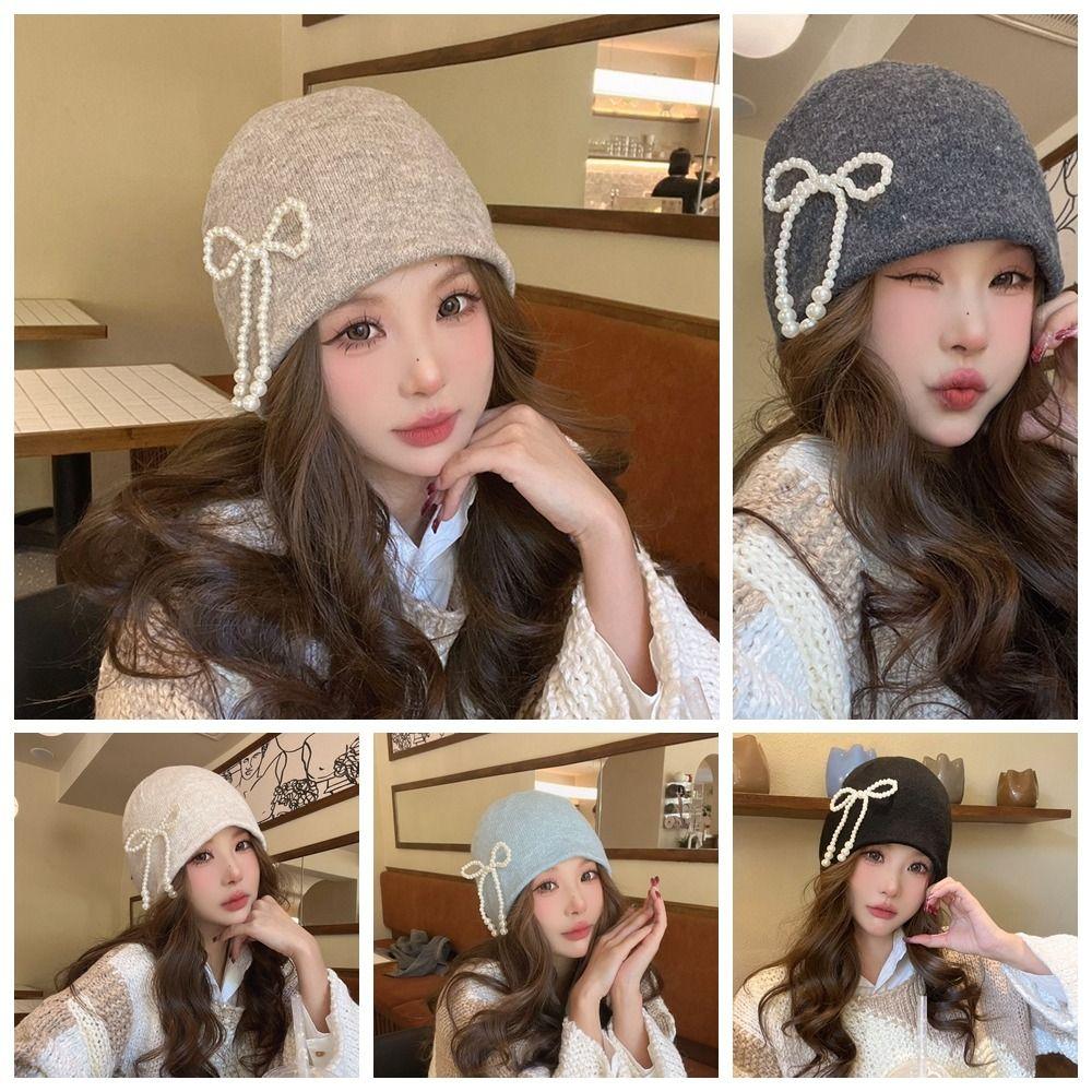 Ear Protector Pearl Bow Beanies Cap Casual Korean Wool Hat Stacking Knitted Bonnet Cap  Daily