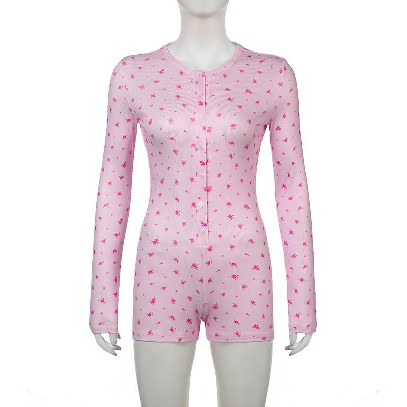 

Европейский и американский весенне-летний повседневный цветочный круглый вырез с длинными рукавами сексуальный облегающий комбинезон M