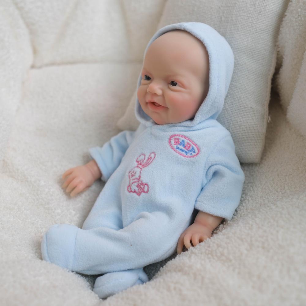 8 Inch Solid Silicone Rebirth Doll Charlie Rabbit Printing Blue Legged Pants Simulation Doll Soft Q Elastic Reborn Baby Doll for Child Christmas Gifts