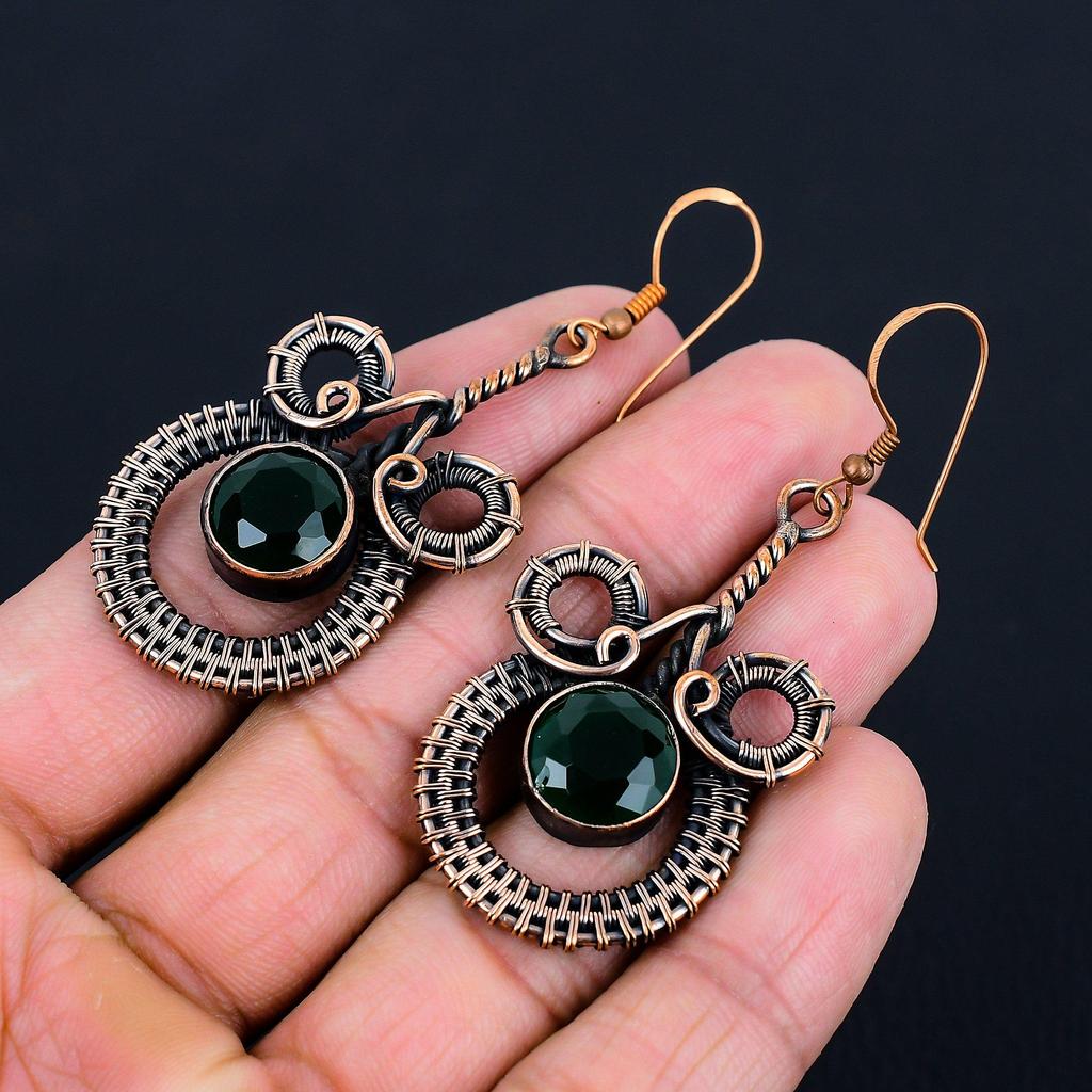 Lab-Created Emerald Gemstone Handmade Pure Copper Wire Wrapped Earrings Jewelry