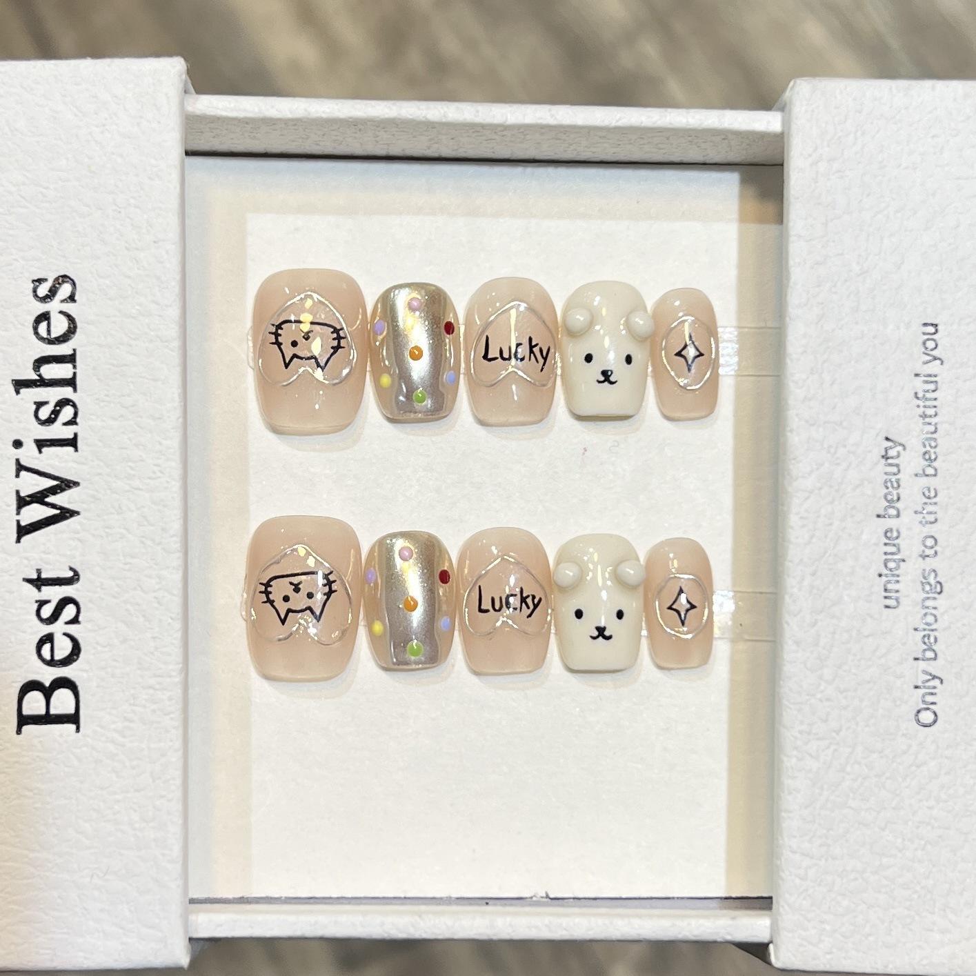 

Чисто ручной работы броня короткие милые расписанные вручную пинч любовь мишка маникюр съемные ногти Small S