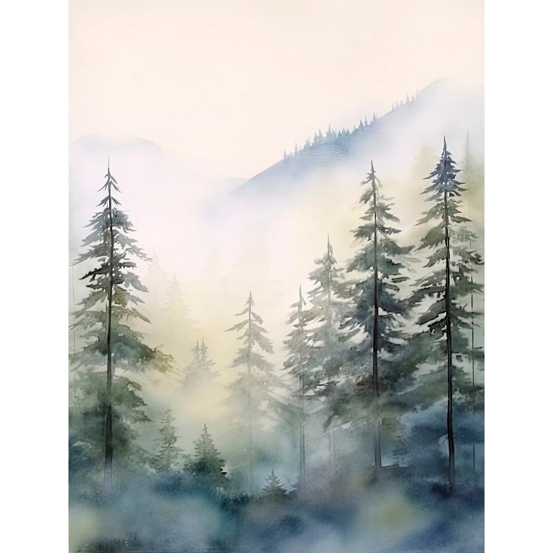 Watercolor Foggy Forest Mountain Trees Pine Posters and Prints Canvas Painting Green Wall Art Picture for Living Room Home Decor