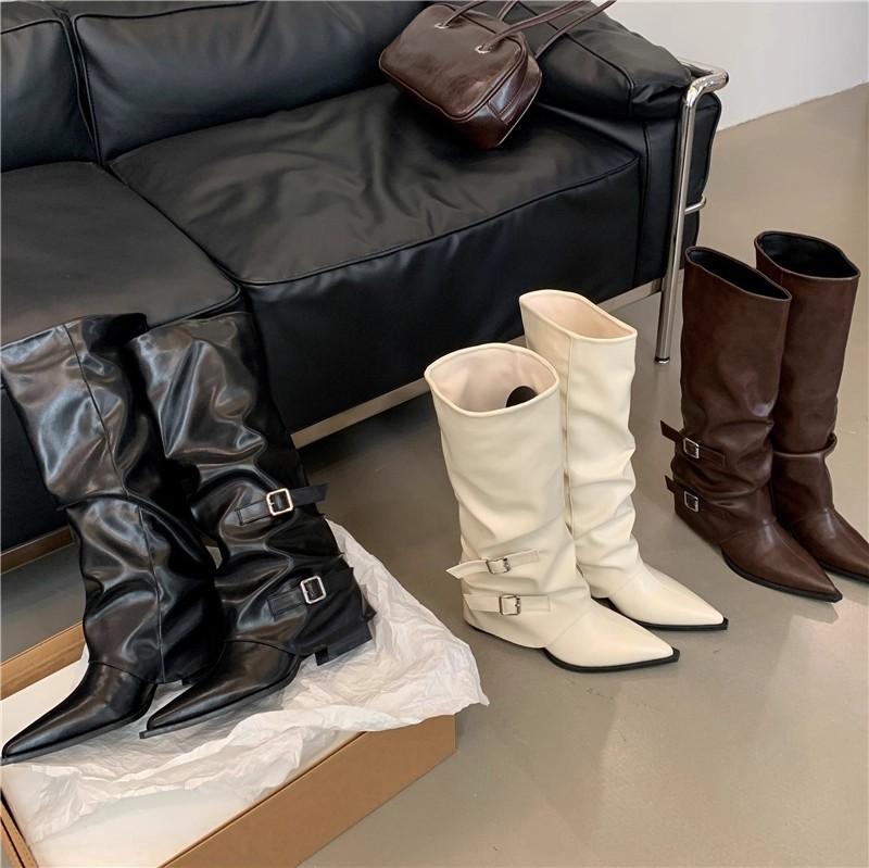 Pointed buckle pleated pile boots women's thick heel 2025 punk style knight boots fried street hot girl high heel boots